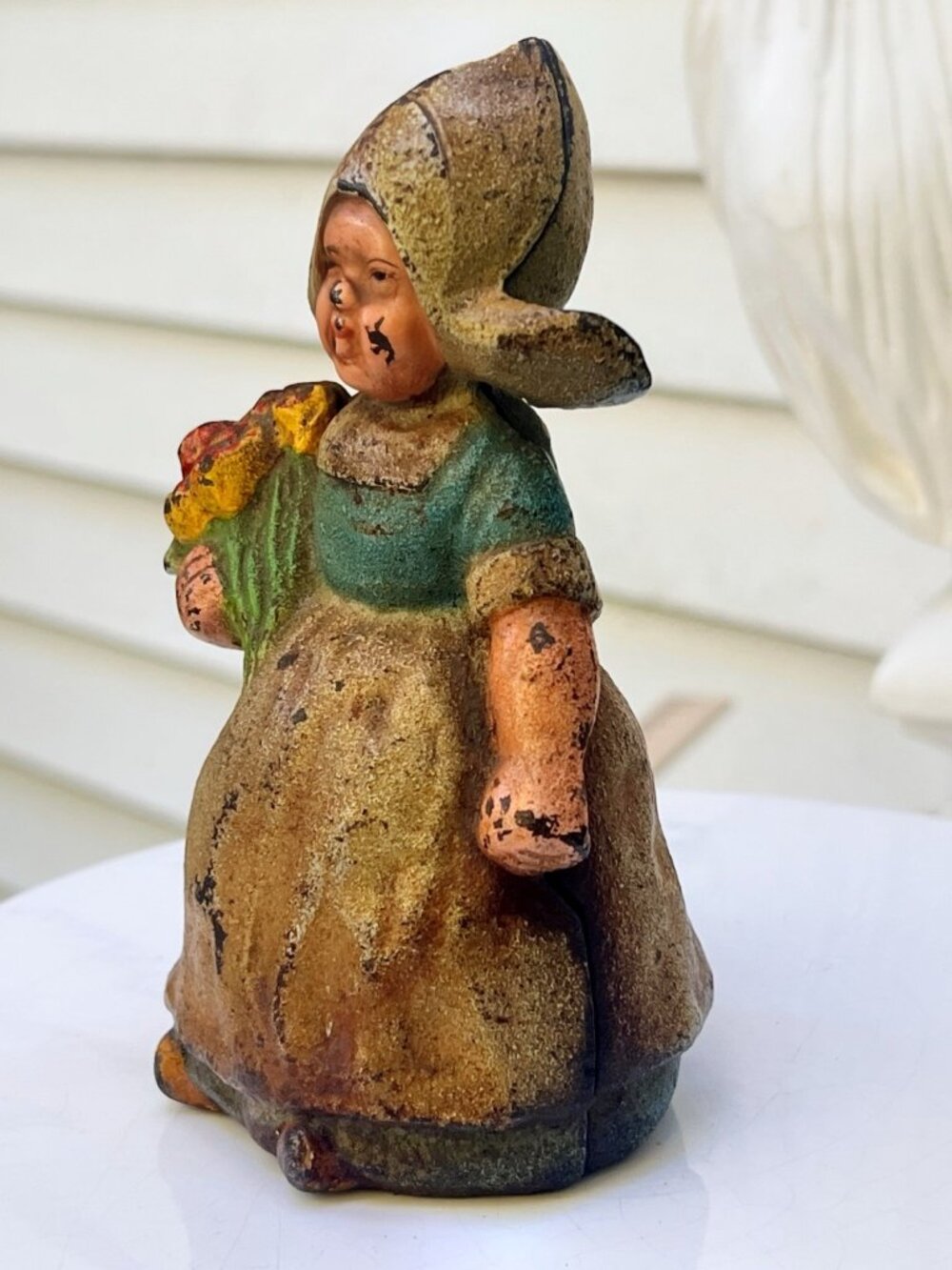 Vintage Cast Iron Dutch Girl Still  Bank With Flowers Decorative Collectible 5"